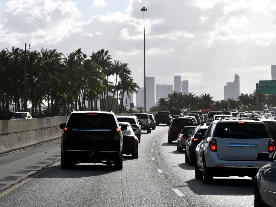 Heavy traffic on the MacArthur Causeway heading toward downtown Miami
