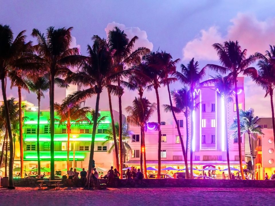 Miami Beach Ocean Drive hotels and restaurants at sunset