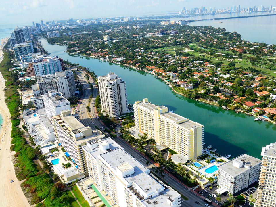 Mid Beach Miami Beach drone view with La Gorce Island in background