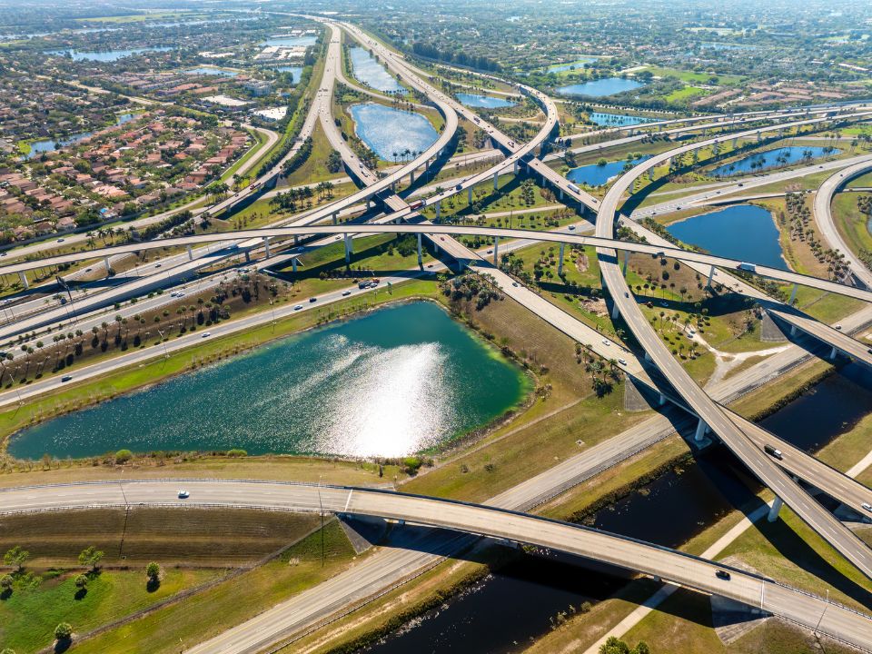 Miami freeway interchange with elevated road lanes for fast express driving of cars