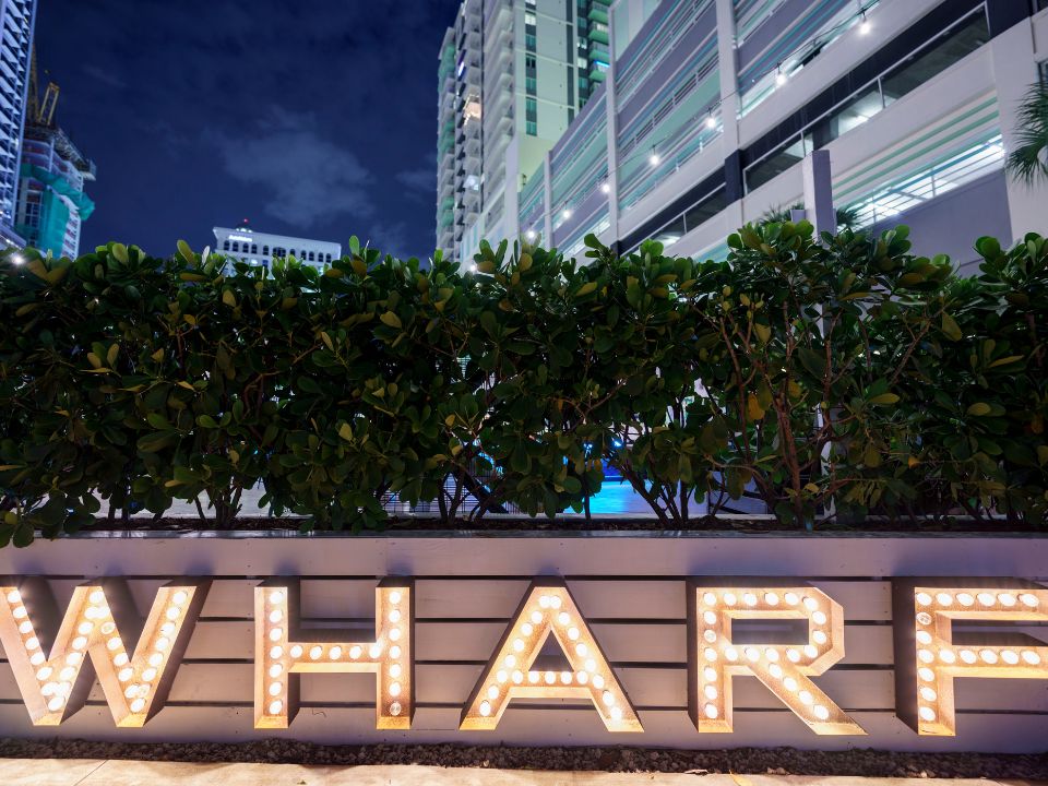 The Wharf lights at night