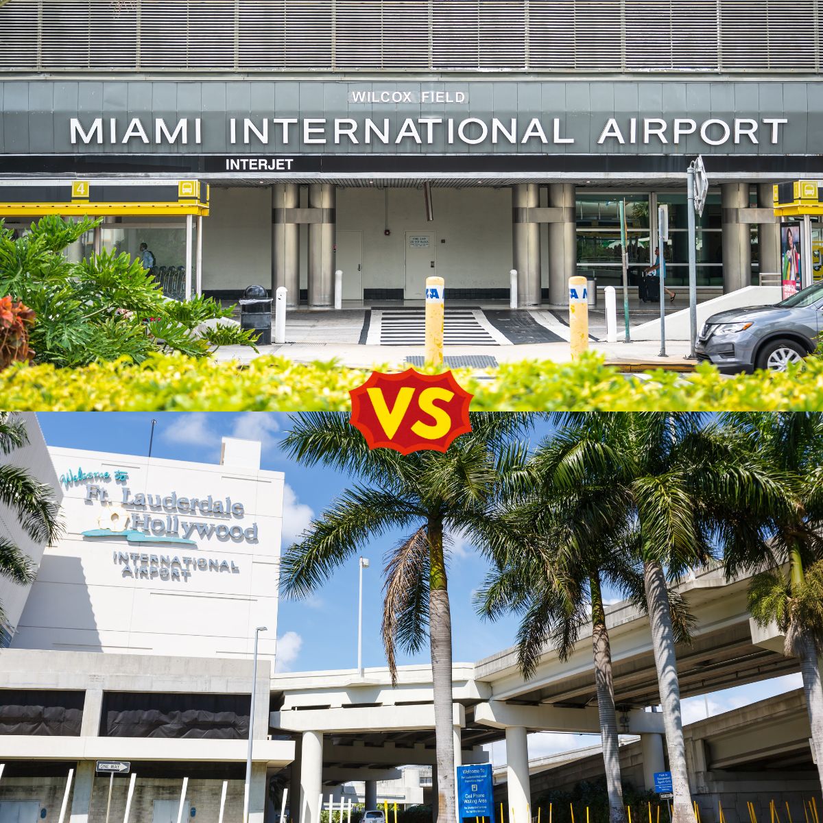 Split view comparing Miami International Airport and Fort Lauderdale-Hollywood International Airport.