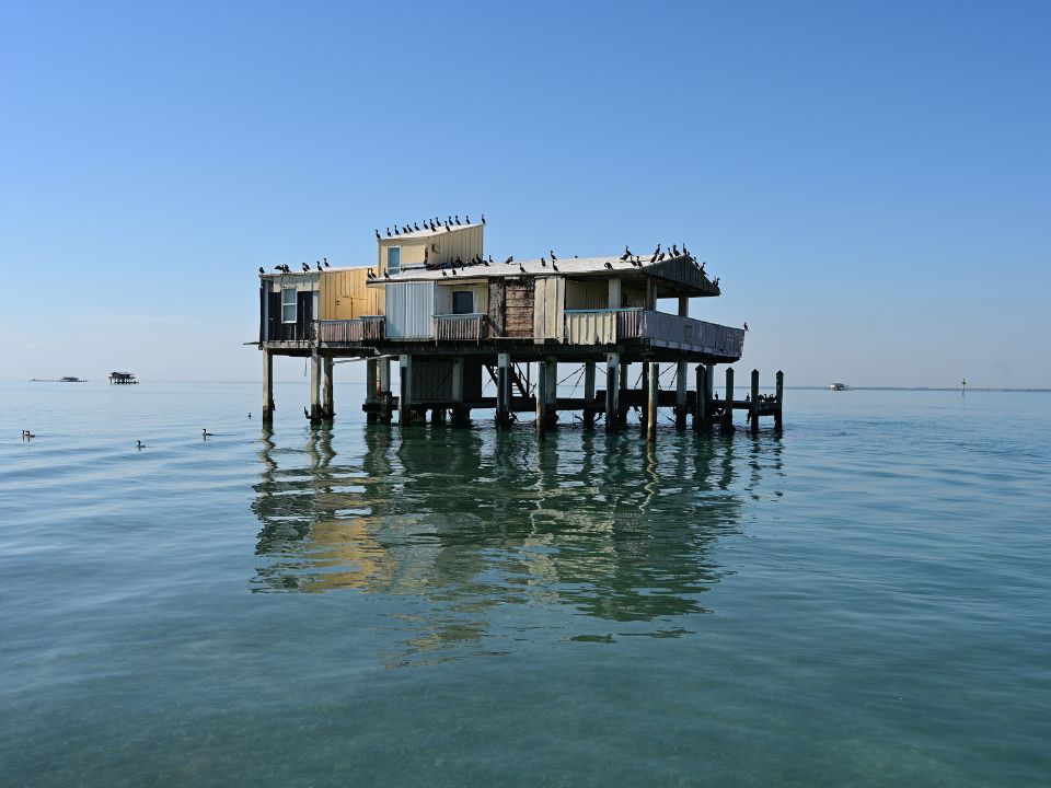 Baldwin, Sessions and Shaw House, one of seven remaining stilt houses in Biscayne National Park on clear sunny morning.